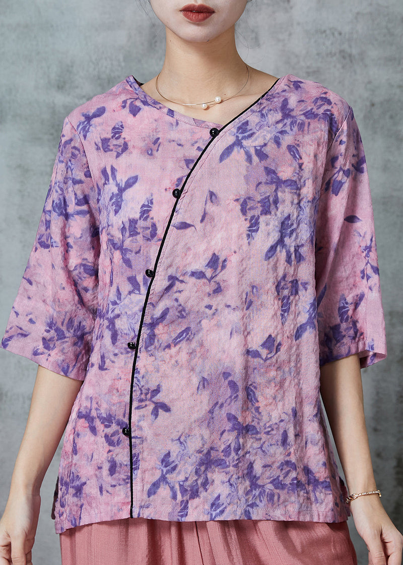 Purple Print Patchwork Linen Shirt Tops Half Sleeve