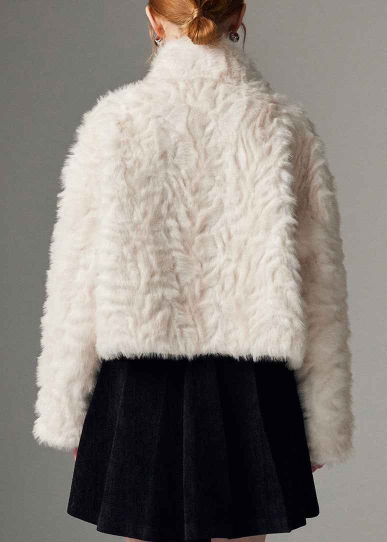New White Stand Collar Leather Zippered Cinched and Fur Coats Winte