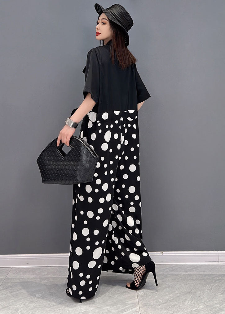 Black Peter Pan Collar Dot Print Draping Chiffon Jumpsuits Short Sleeve