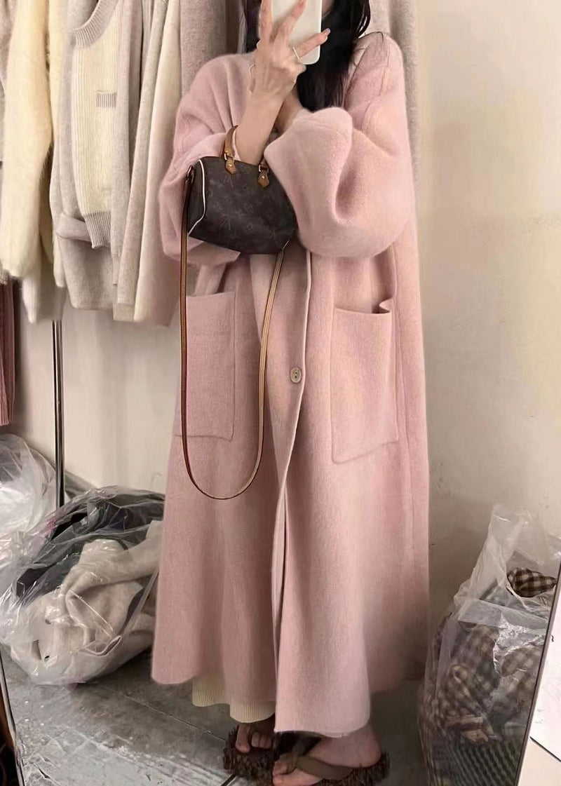 Pink Turtleneck Button Pockets Cotton Knit Long Coats Long Sleeve