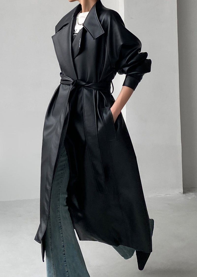 Blackish Green Tie Waist Faux Leather Warm Fleece Coats Winter