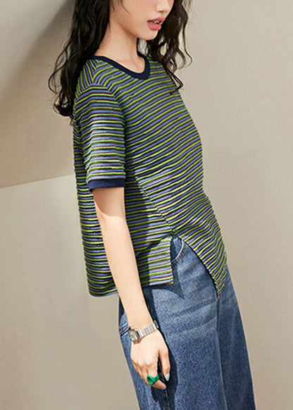 Green Striped Side Open Knitting Cotton T Shirt Summer
