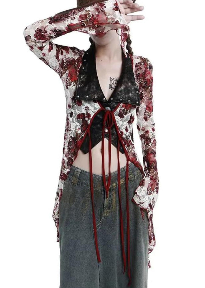 Red Asymmetrical Lace Up Tulle Shirt Flare Sleeve