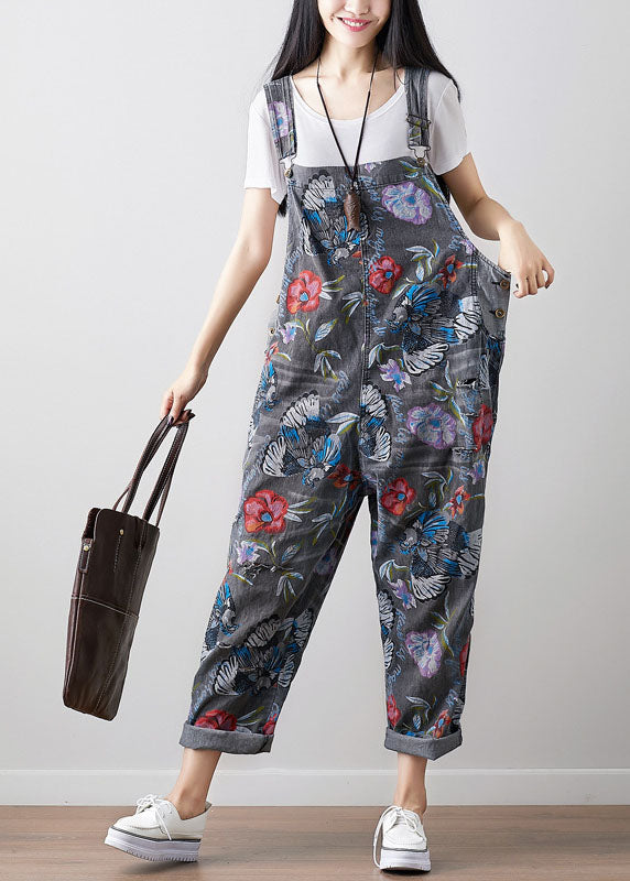 Dark Gray Print Cowboy Jumpsuit Spring