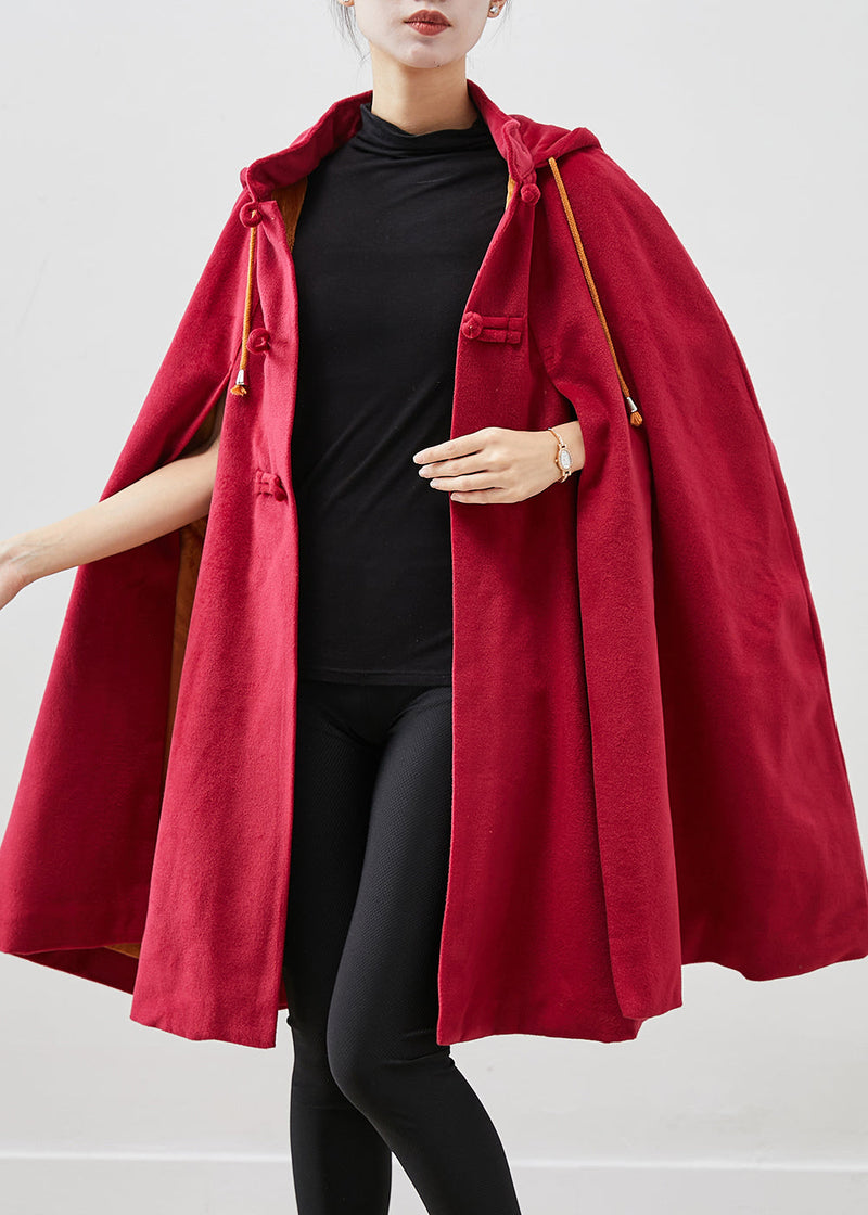 Red Hooded Chinese Button Warm Fleece Coats Cloak Sleeves