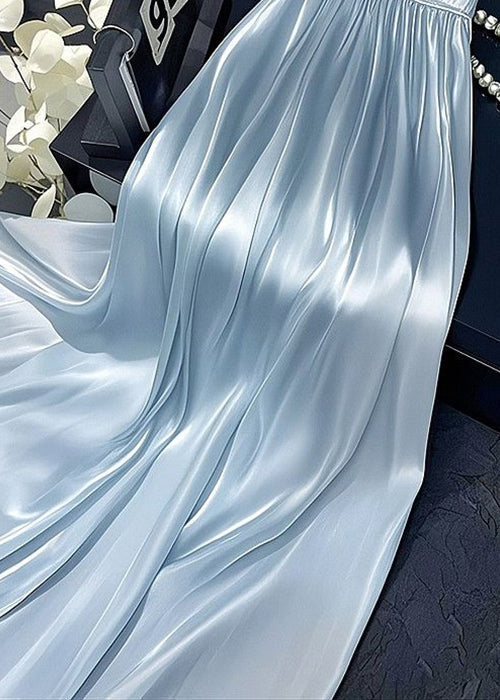 Simple Blue Wrinkled Elastic Waist Silk Skirt Summer