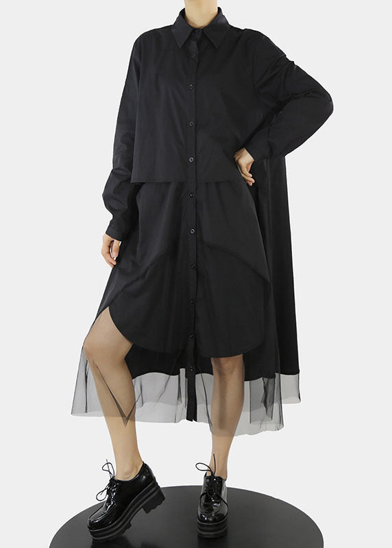 Black Tulle Patchwork Shirt Dresses Button Asymmetrical Design Peter Pan Collar Spring