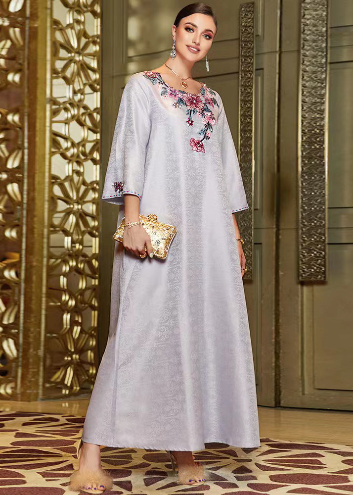 Jacquard Grey O-neck Embroideried Silk Maxi Dresses Fall