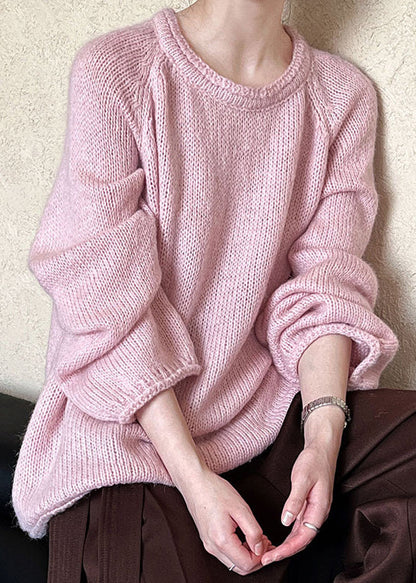 Loose Blue O Neck Knit Sweaters Long Sleeve