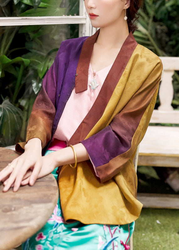 Orange Purple Gradient Color V-neck Patchwork Silk Top Long Sleeve