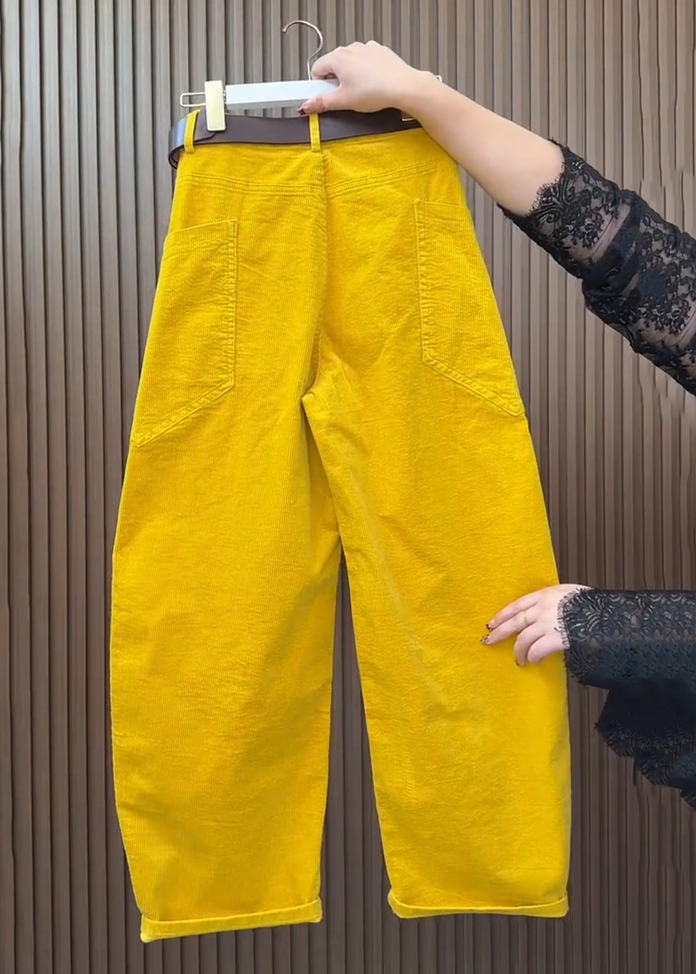 Yellow Pockets High Waist Corduroy Wide Leg Pants Fall