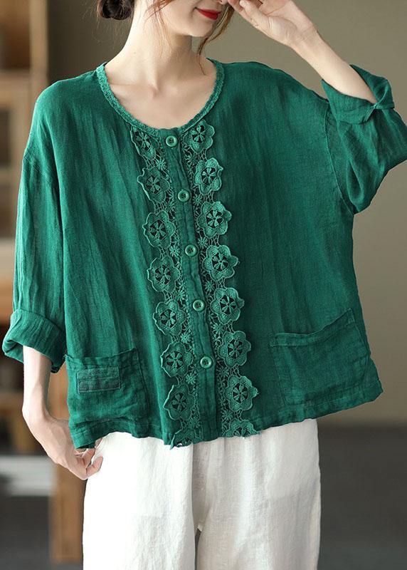 Green Retro O-neck Button Fall Shirt Tops Long Sleeve