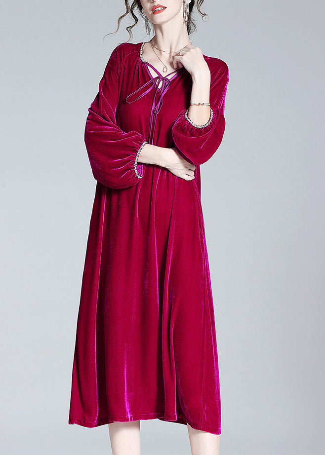 Handmade Red V Neck Neck Tie Velour Maxi Dress Spring