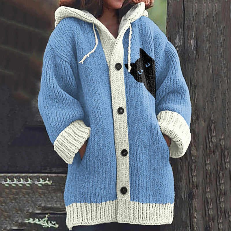 Comstylish Vintage Peek-A-Boo Hiding Black Cat Pattern Women's Hooded Sweater Cardigan
