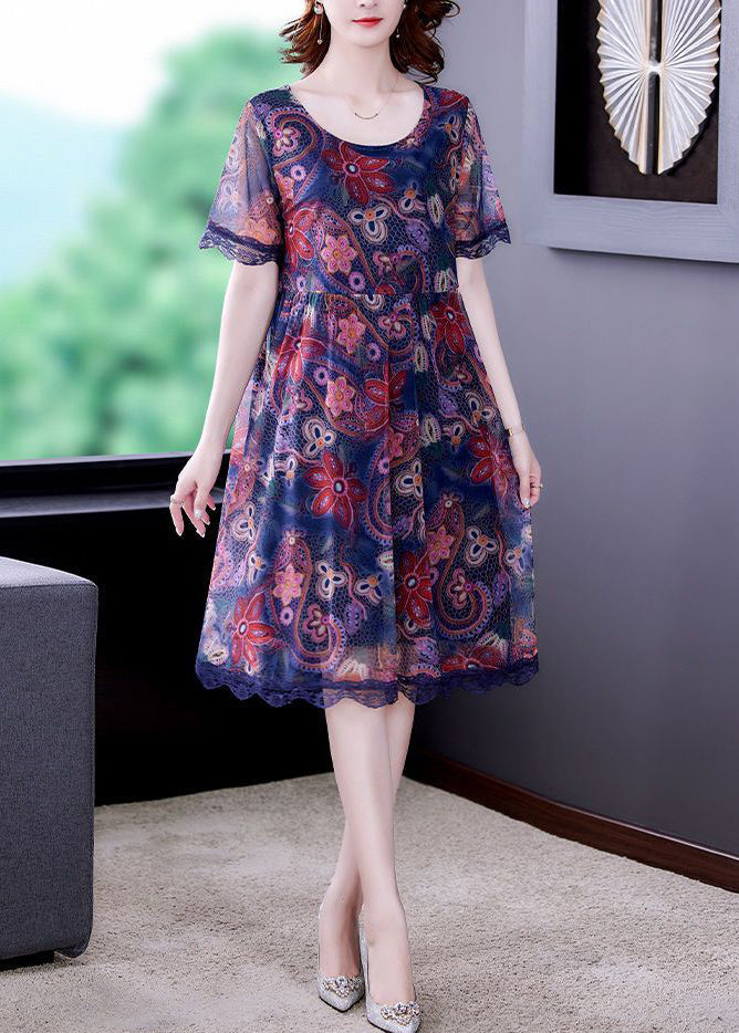 Blue O Neck Print Patchwork Tulle Dresses Summer