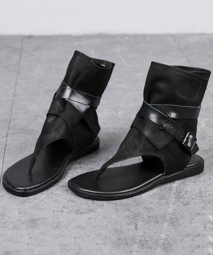 Brown Thong Sandals Boots Cowhide Leather Splicing Buckle Strap