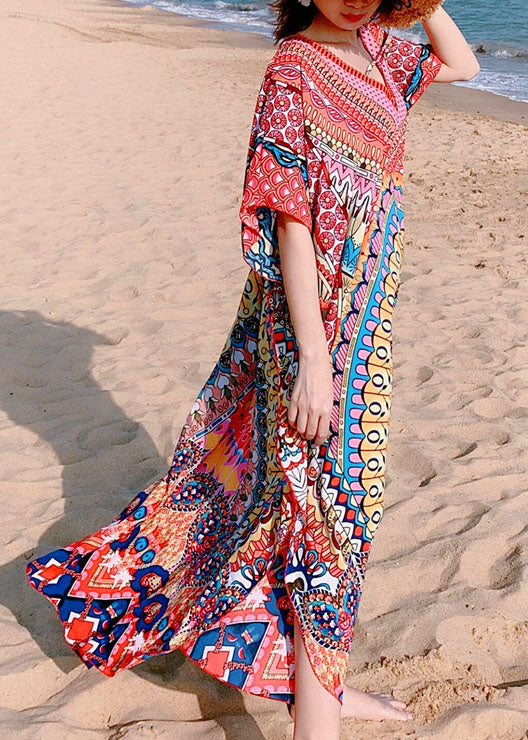 Red Print Beach Gown Mid Dress Summer