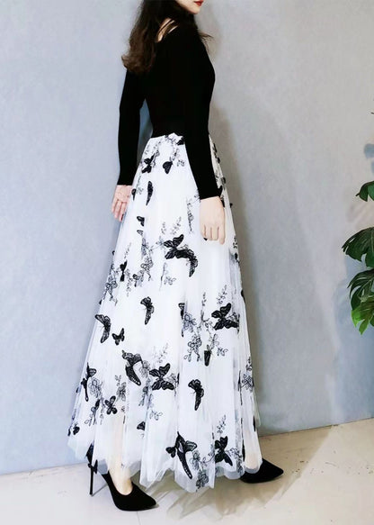 White Butterfly Embroideried Exra Large Hem Loose Tulle Skirt Spring