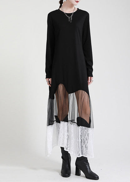 Organic Black Patchwork Lace Tulle Asymmetrical Design Fall Maxi Dress Long Sleeve