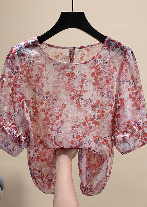 Classy Red O-neck Ruffled Print Chiffon Shirt Top Short Sleeve