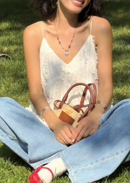 White V Neck Patchwork Cotton Spaghetti Strap Tops Summer