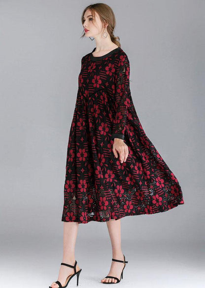 Red Loose O-neck Spring Party Dress Long Sleeve
