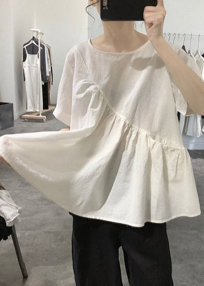 Grey O-neck Asymmetrical Wrinkled Top Short Sleeve