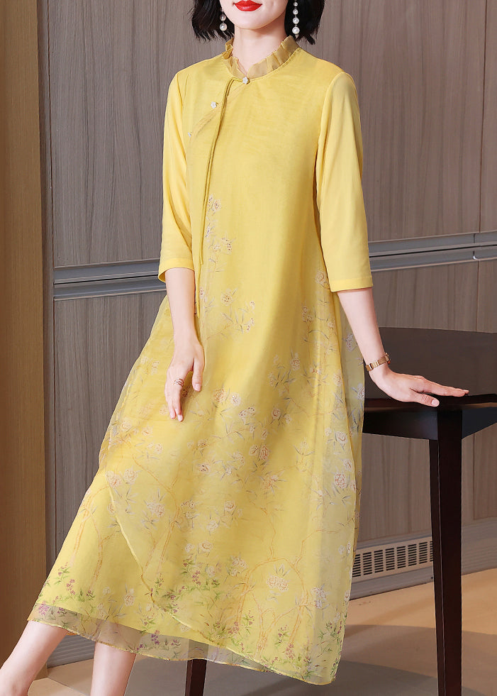 Chinese Style Yellow Ruffled Button Print Silk Long Dress Half Sleeve Summer