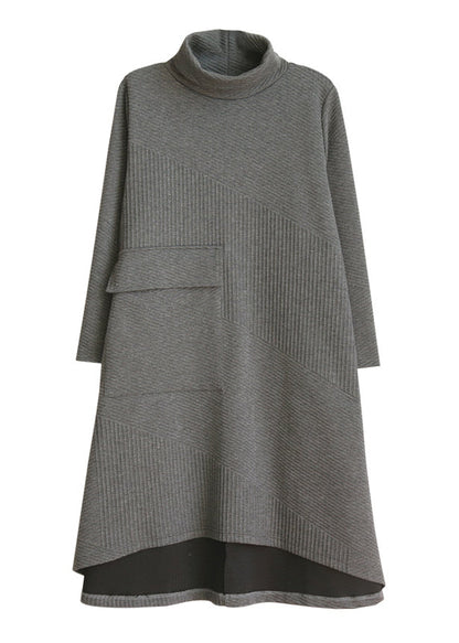 Grey Turtle Neck Pocket Knit Dress Long Sleeve