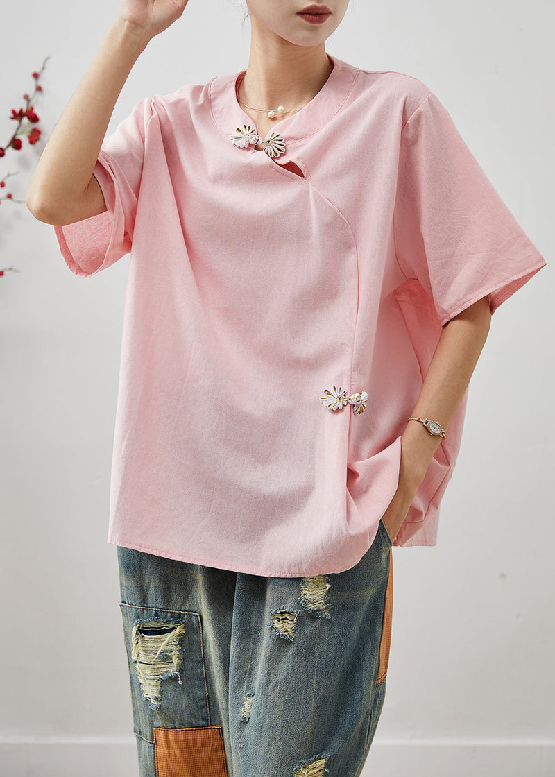 Boutique Pink Chinese Button Cotton Shirt Tops Summer