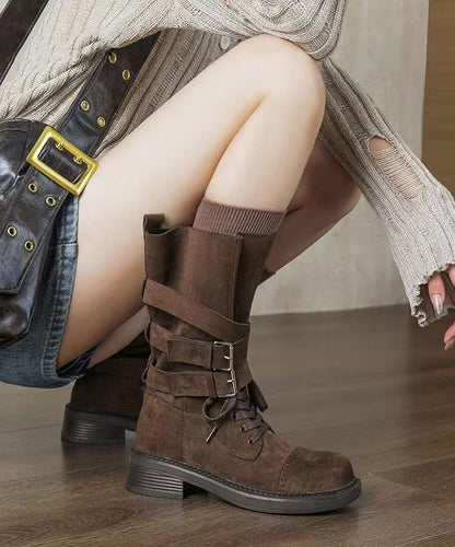 Coffee Suede Lace Up Splicing Chunky Boots