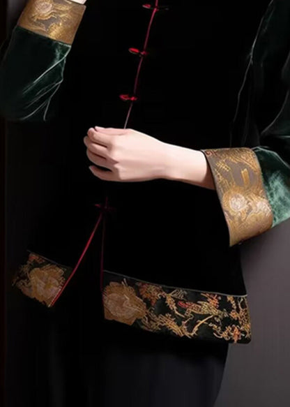 Loose Blackish Green Embroideried Button Silk Coats Long Sleeve