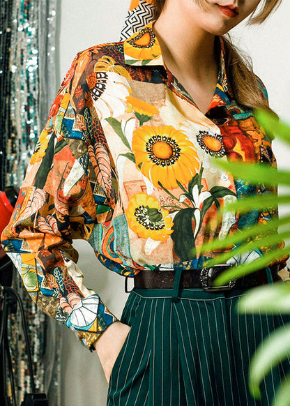 Khaki Peter Pan Collar Painting Print Cotton Shirt Tops Spring