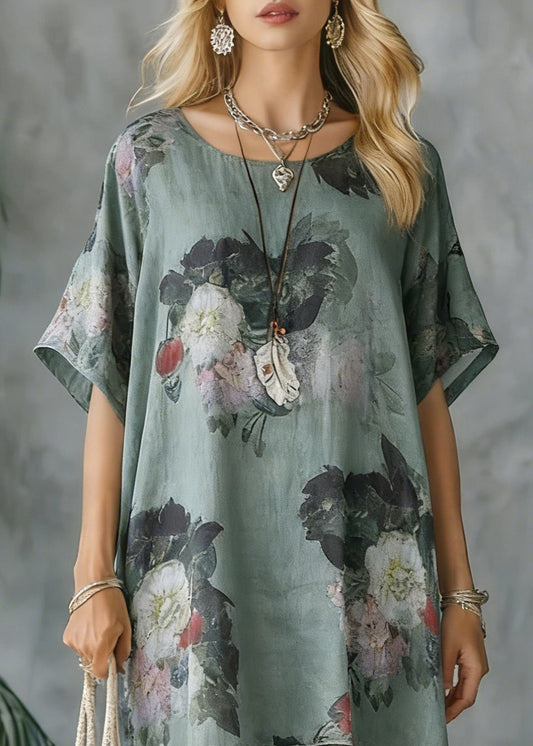 New Loose Green Print Short Sleeve Shirt Pants Linen Set