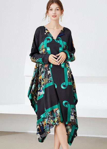 Black Yellow Print Loose Asymmetrical Design Fall Holiday Dress Long Sleeve