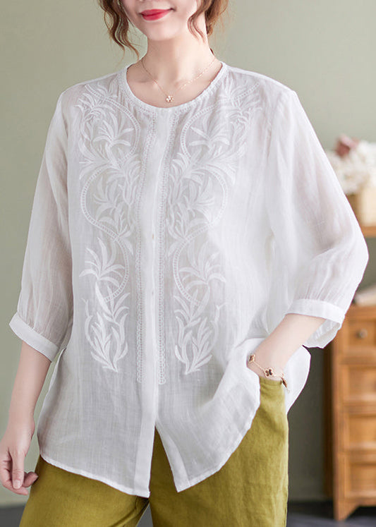 White Embroideried Oversized Linen Shirt Summer