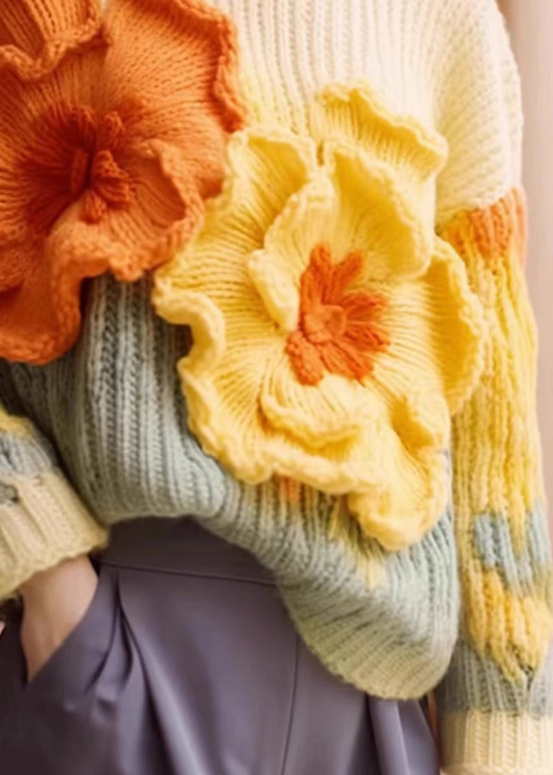 Unique Apricot Patchwork Cozy Cotton Knit Sweaters Long Sleeve