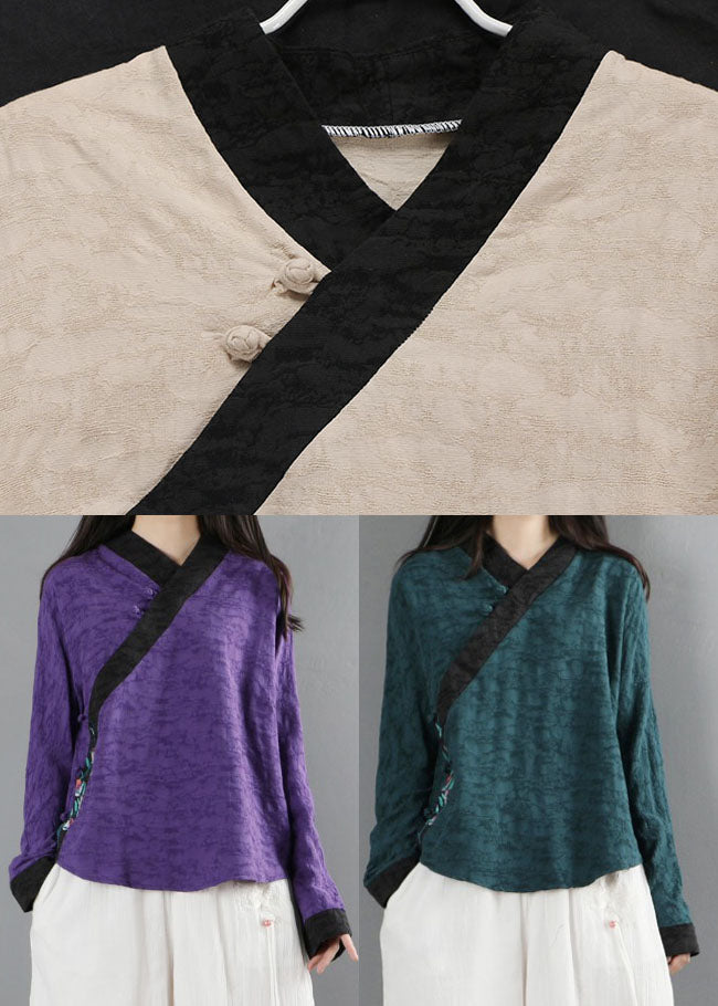 Khaki Button Patchwork Shirt Long Sleeve