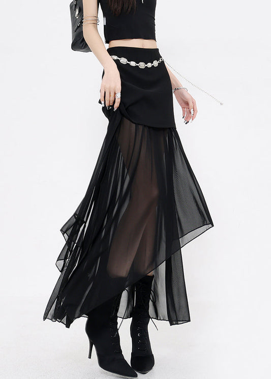 Slim Fit Black Asymmetrical Patchwork Tulle Skirts Summer