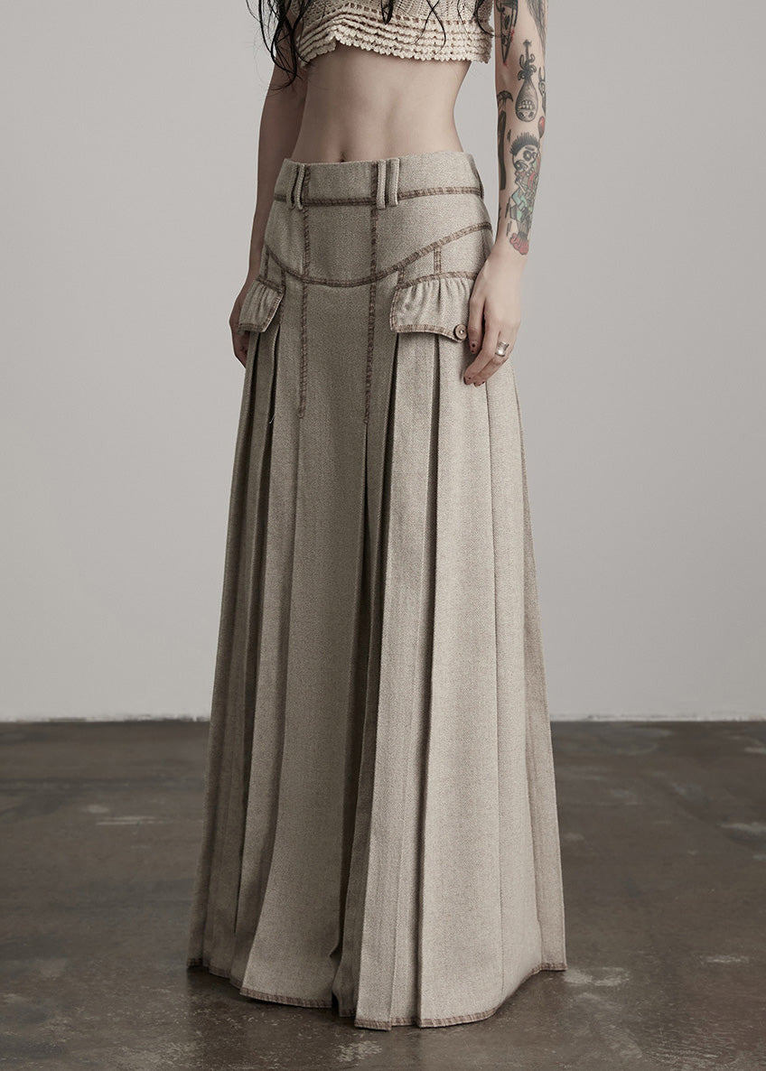 Apricot Wrinkled High Waist Patchwork Woolen Skirts Winter