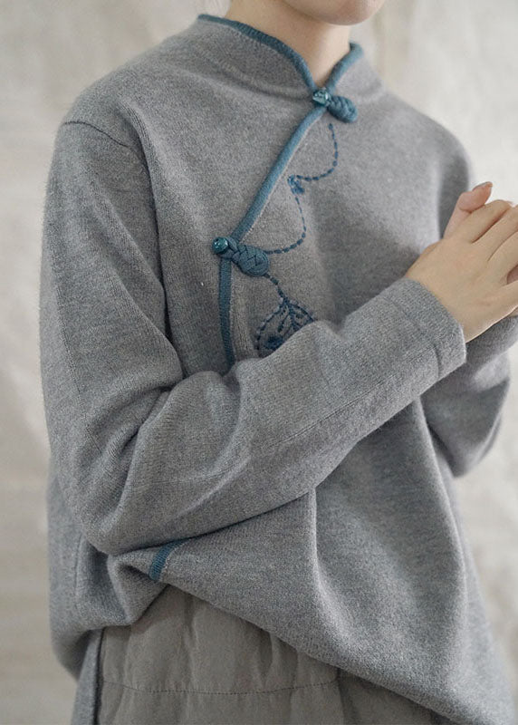 Grey Loose Oriental Fall Knit Long Knit Sweaters