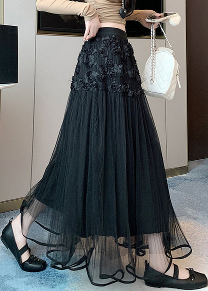 Black Elastic Waist Tulle Summer Skirts Wrinkled