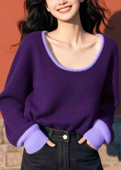 Purple O Neck Cozy Patchwork Knit Sweater Spring