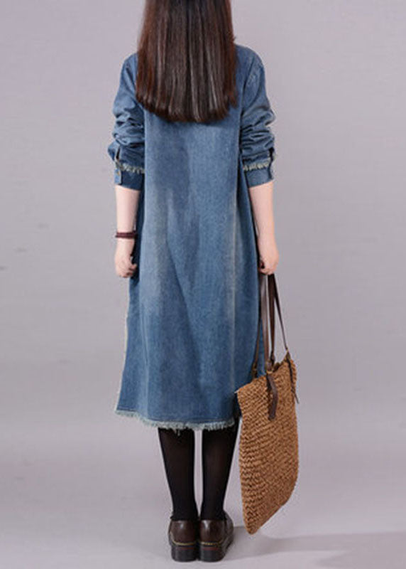 Art Blue O-neck Pockets Button Denim Fall Long Sleeve Dress