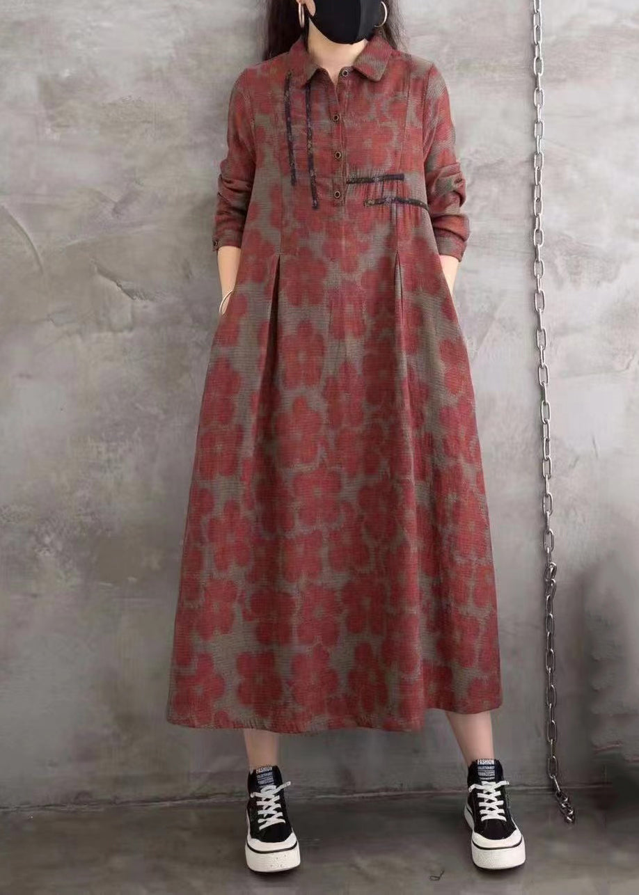 Blue Peter Pan Collar Print Wrinkled Button Long Shirts Dress Spring