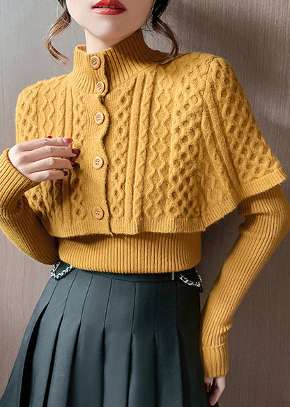 Orange Turtleneck Cable Knit Wraps and Sweaters Two Pieces Set Fall