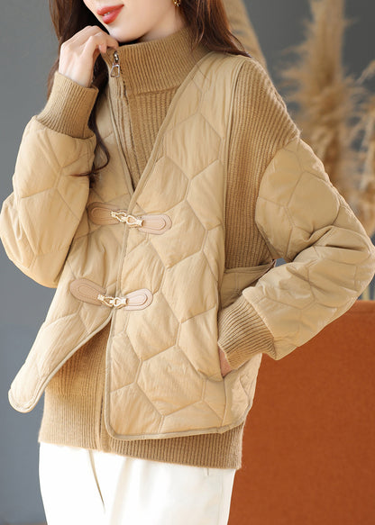 Fitted Khaki Zip Up Patchwork Knit Sets 2 Pieces Winter