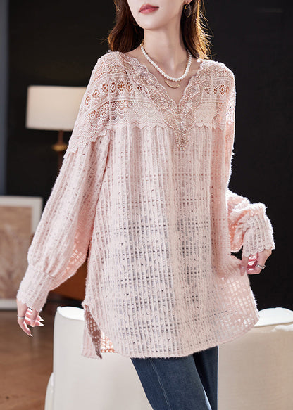 Pink Nail Bead Hollow Out Lace Shirt Spring
