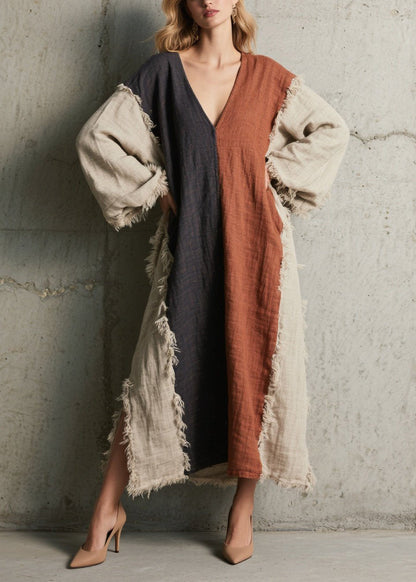 Colorblock V Neck Tassel Patchwork Cotton Dress Fall