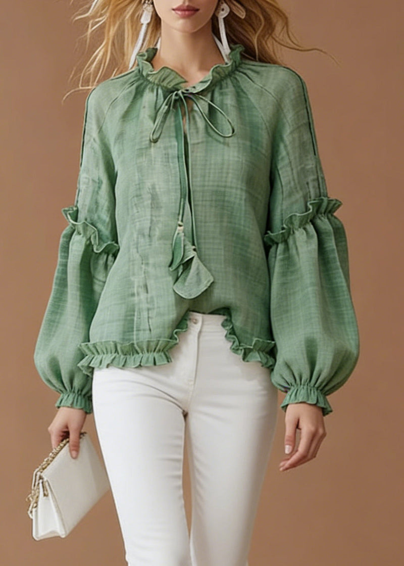 Green Lace Up Cotton Blouse Top Ruffled Spring